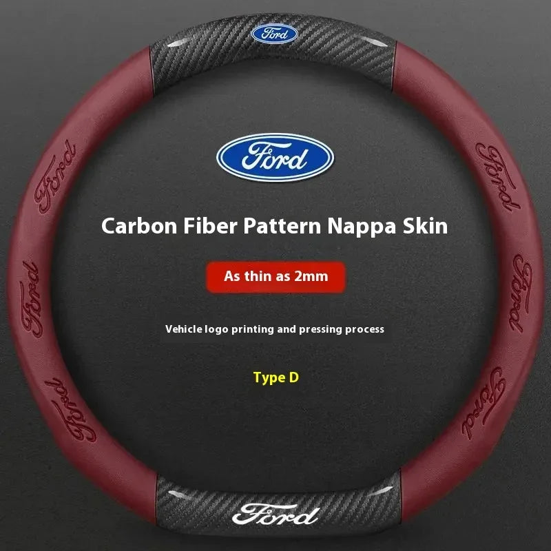 For Ford Mondeo Focus Raptor Puma Edge Explorer Ecosport Ranger F150 Kuga Car AntiSlip Carbon Fiber Leather Steering Wheel Cover