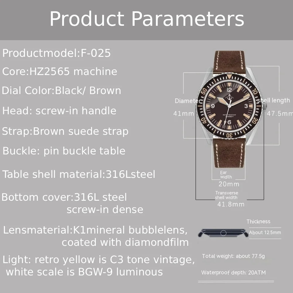 Hruodland F025 Retro Sport Men Watch HZ2565 Automatic Mechanical Stainless Steel Leather Strap Diving  reloj hombre watch for me