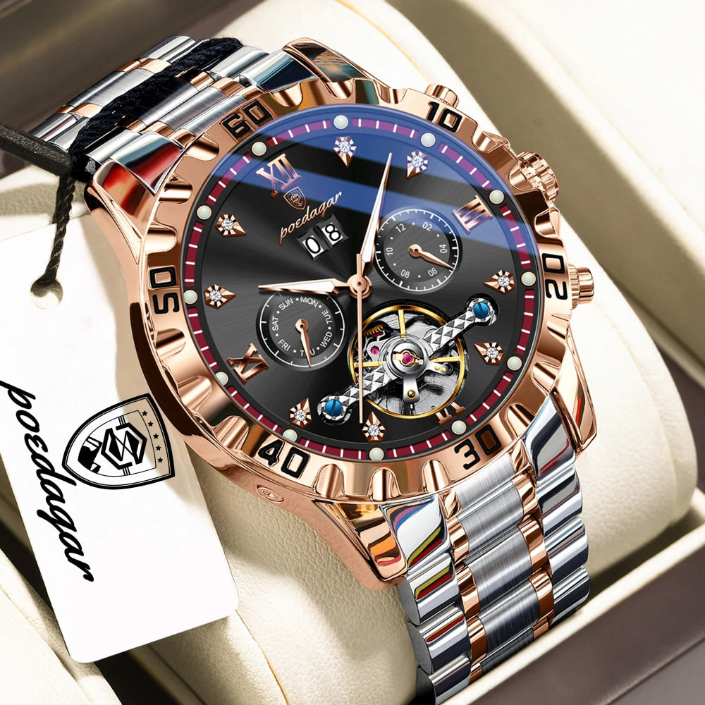 POEDAGAR Luxury Men Wristwatch Hollow Tourbillon Luminous Date Week Man Clock Automatic Mechanical Stainless Steel Men's Watches