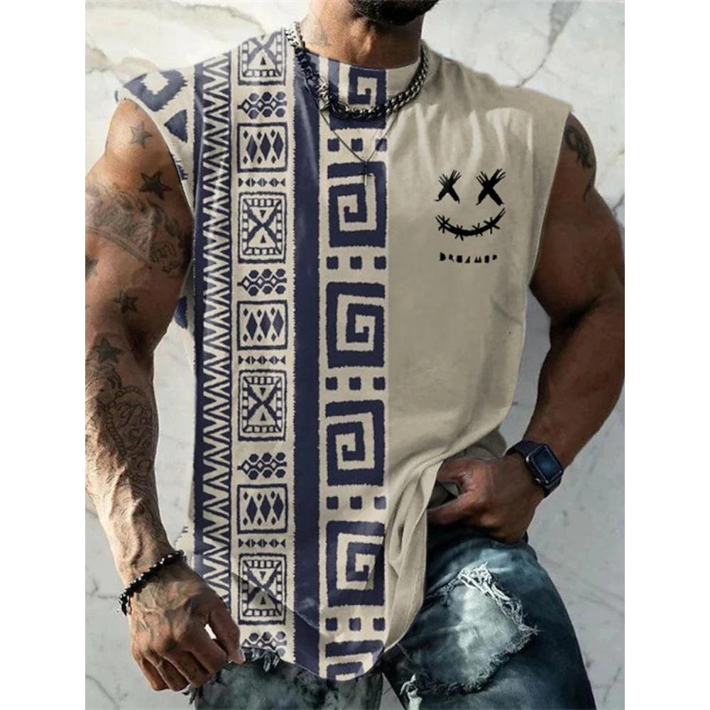Summer New Men's Vest T Shirt Patterned Tribal Round Neck Clothing Daily Fitness Sports Vintage Sleeveless Printed Ethnic Tops