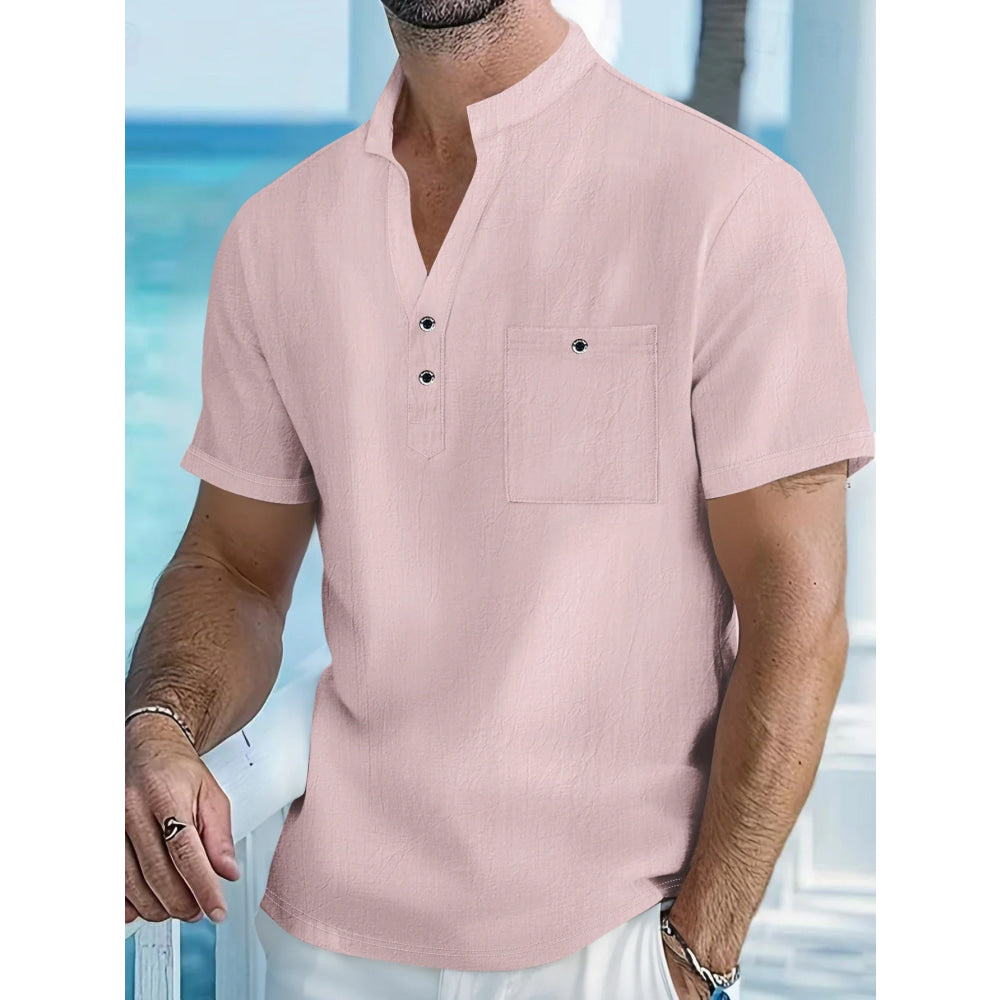 Men's Cotton Linen Short-Sleeve Shirt with Stand Collar & Half-Button Placket - Casual Outdoor Leisure Wear for Spring and Summe