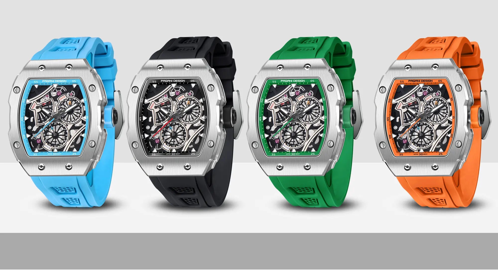 PAGANI DESIGN skeleton Watch Sapphire YS012 Automatic Men’s Quartz Watch Silicone Square Clock Waterproof Relogio Masculino