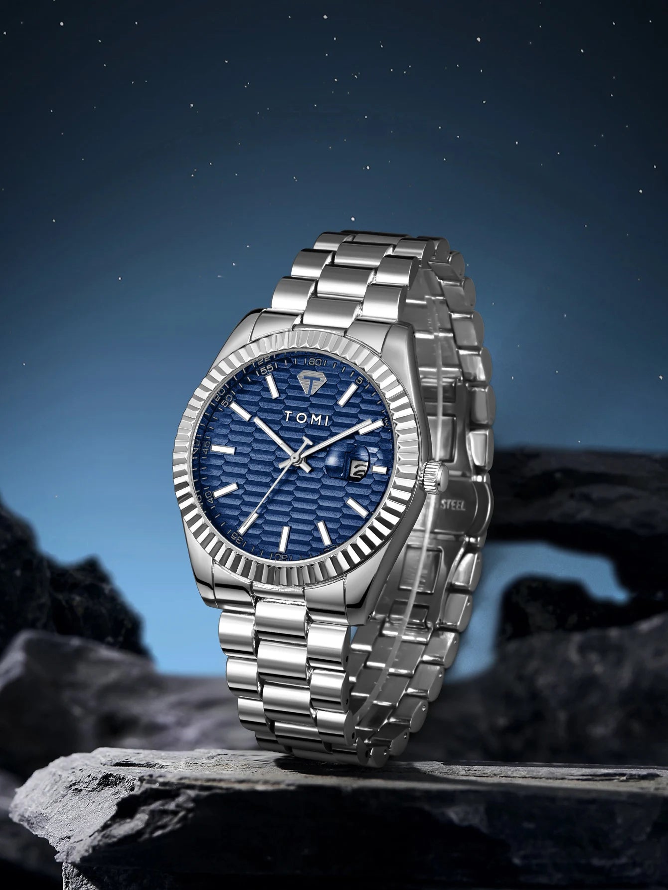 TOMI New Men's Watch Brooch Ring Gift Box Set Luxury Business Stainless Steel Strap Men's Calendar Casual Quartz Watch Reloj