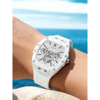 GUESS Watches for Men Original Luxury Skeleton White Tonneau Multifunction Quartz Chronograph Silicone Strap Fashion Sport Wrist