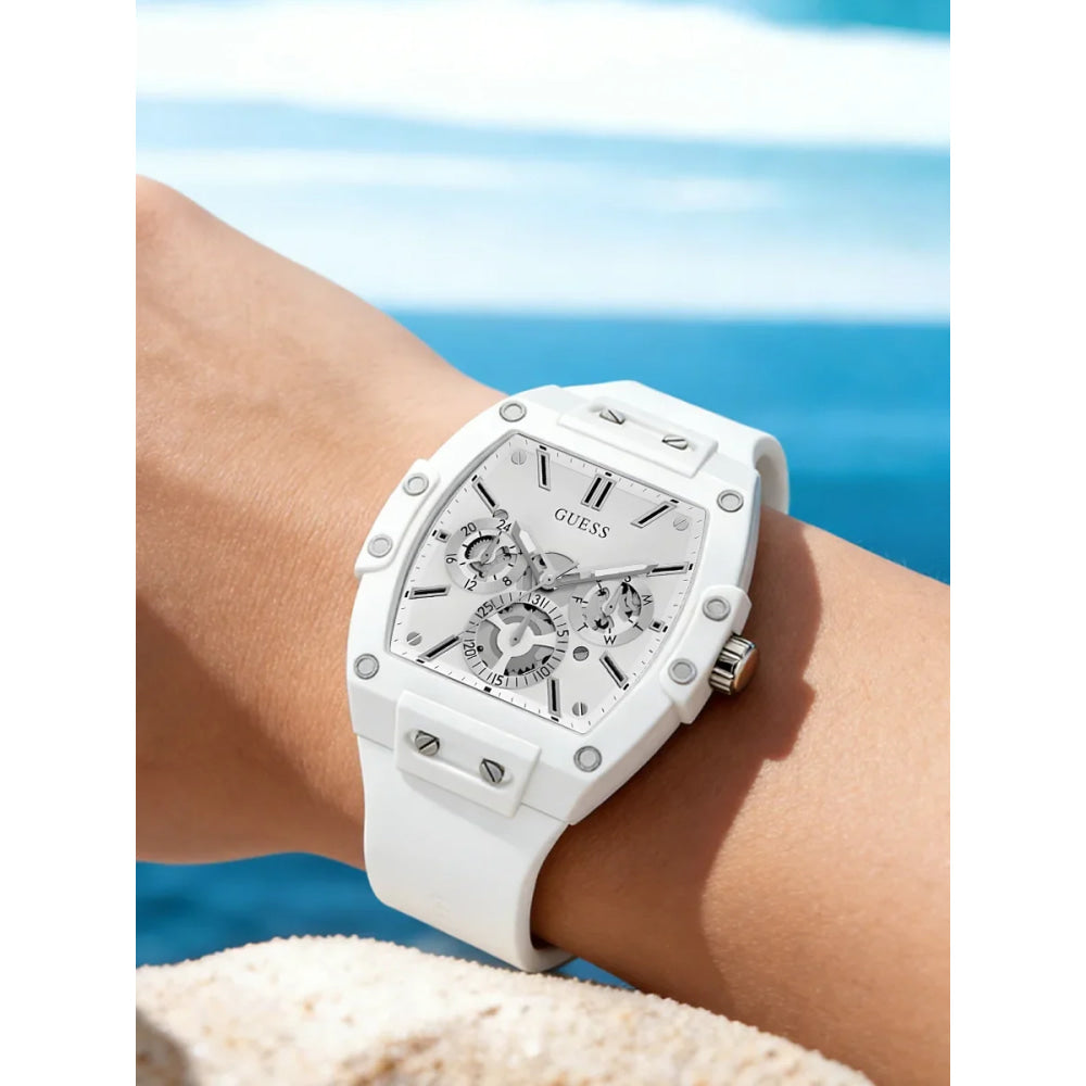 GUESS Watches for Men Original Luxury Skeleton White Tonneau Multifunction Quartz Chronograph Silicone Strap Fashion Sport Wrist
