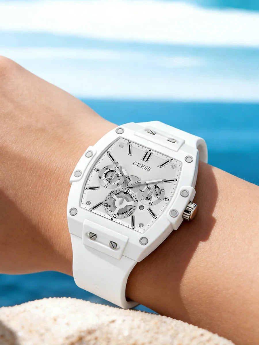 GUESS Watches for Men Original Luxury Skeleton White Tonneau Multifunction Quartz Chronograph Silicone Strap Fashion Sport Wrist