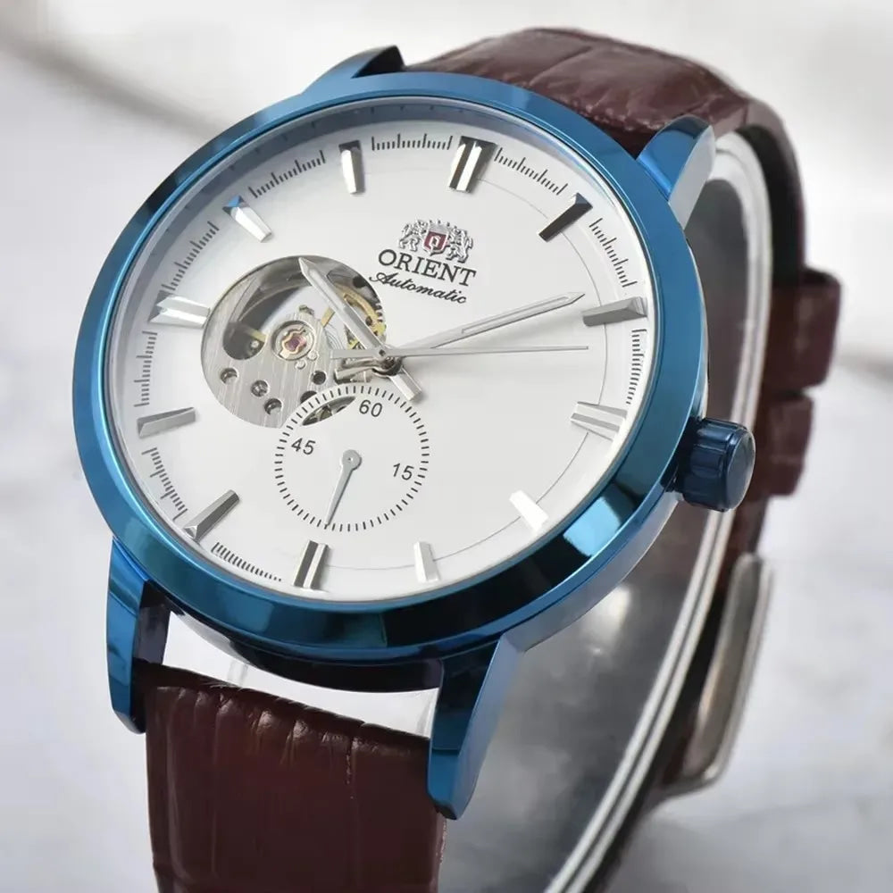 Orient automatic mechanical unisex watch with hollowed out personalized dial, fully functional world time leather strap
