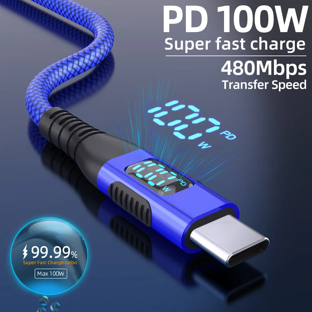 100W Nylon USB Type C Super Fast Charging Cable For Samsung Xiaomi Huawei Honor LED Digital Display USB C Charger Data Cord