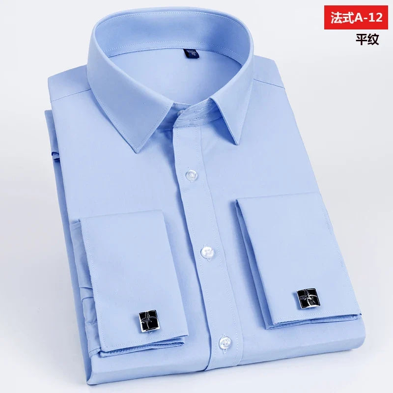 Men's French cufflink shirt with slim fit and contrasting color collar, Windsor collar, striped formal long sleeved shir
