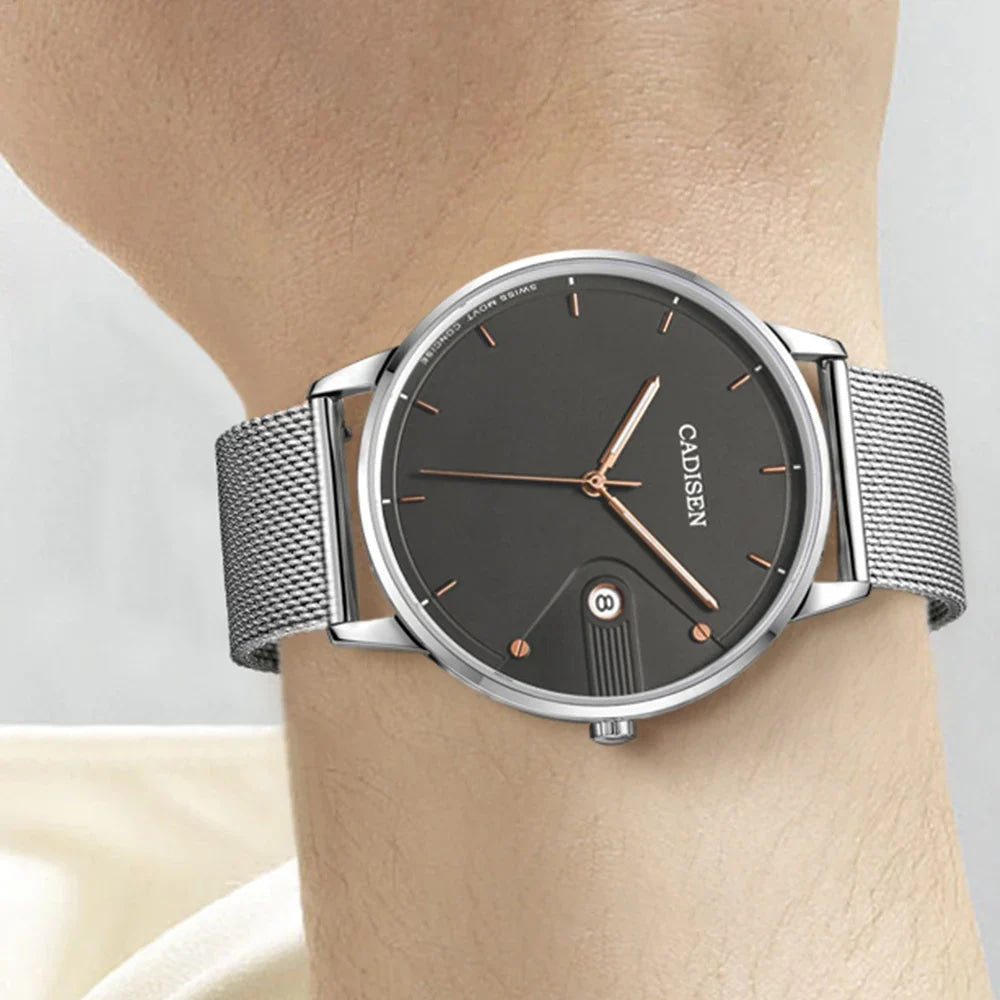 CADISEN Swiss Ronda 715 Quartz Watch Mans 7MM Ultra-thin Dial Sapphire Luminous Stainless Steel Milano Mesh Strap Watches Men