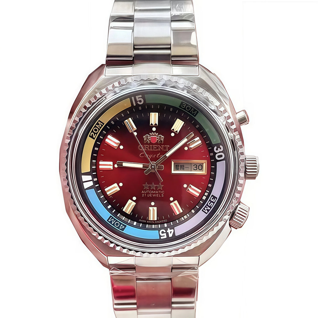 Orient Sea King Automatic Mechanical Men's Watch - Retro Red Dial, Dual Calendar, Colorful Bezel, Waterproof Luminous Timepiece