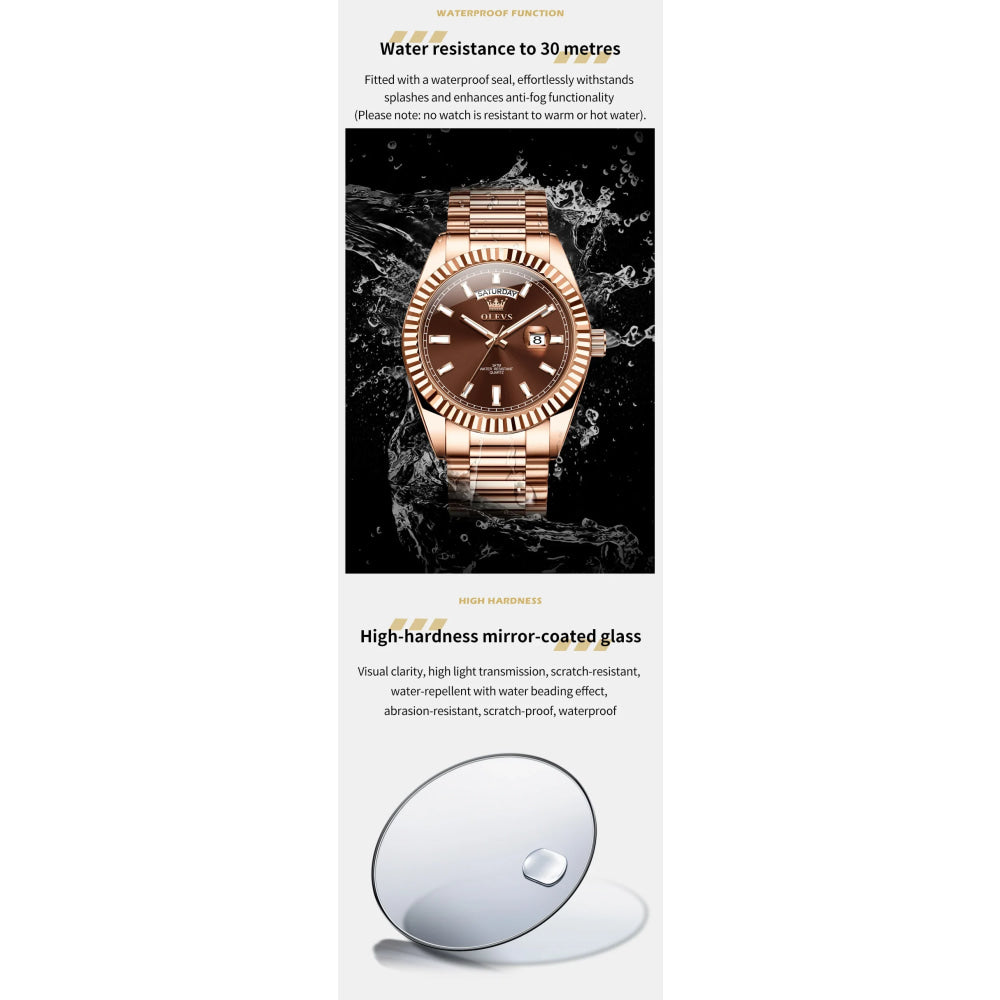 OLEVS Men's Watch Top Brand Luxury Wrist Watch For Men Fashion Rose Gold Stainless Steel Waterproof Watch Day Date Quartz Clock