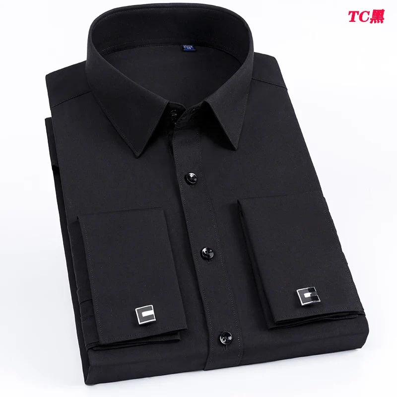 Men's French cufflink shirt with slim fit and contrasting color collar, Windsor collar, striped formal long sleeved shir