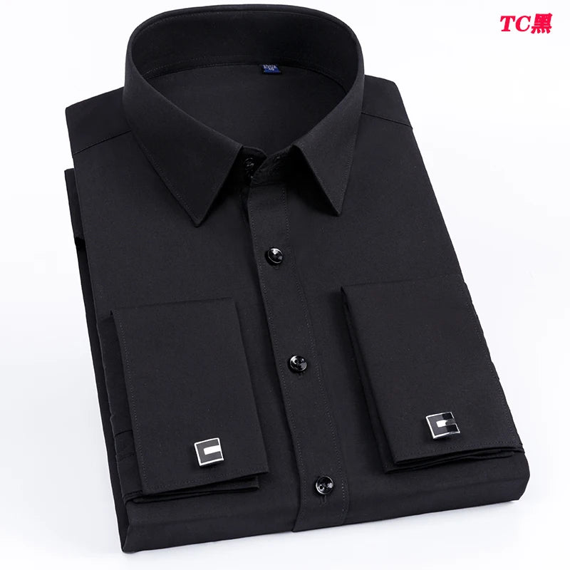 Men's French cufflink shirt with slim fit and contrasting color collar, Windsor collar, striped formal long sleeved shir