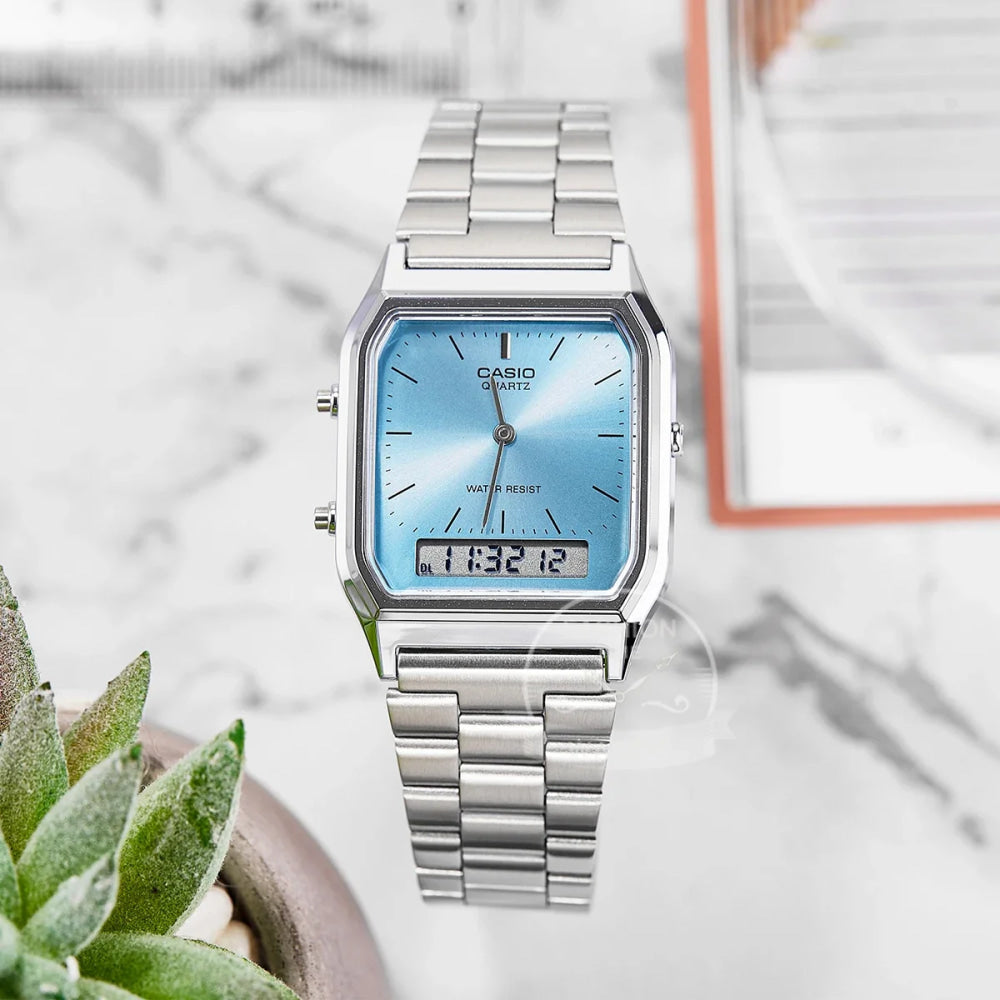 Casio Men's Watch Dual Display Screen Retro Style Personalized Dial Design Quartz Movement Water Resistant AQ-230A-
