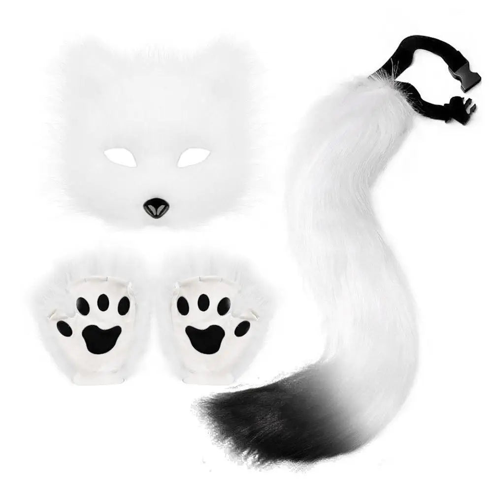 Guantes de garra de lobo 3D con máscara de media cara realista, conjunto de guantes con patas de gato y cola de piel esponjosa, accesorios para disfraz de Halloween