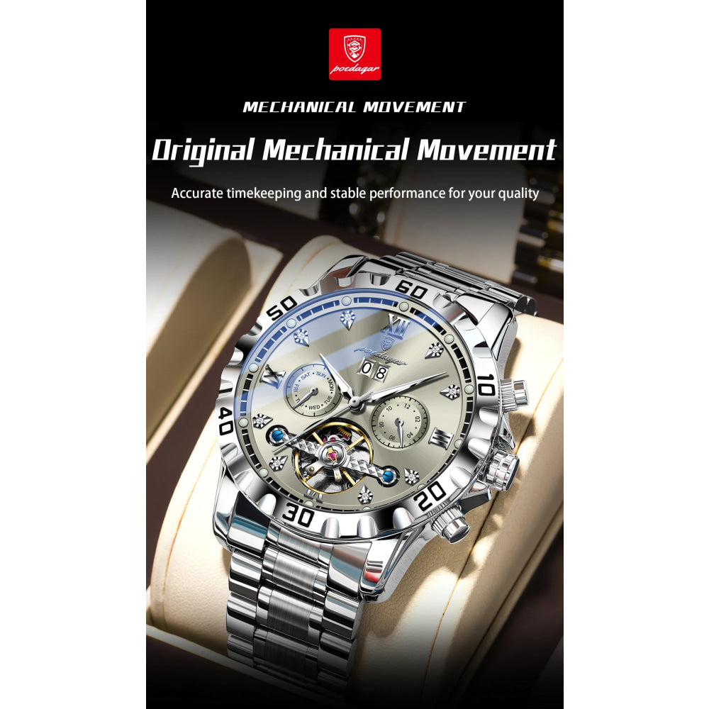 POEDAGAR Luxury Men Wristwatch Hollow Tourbillon Luminous Date Week Man Clock Automatic Mechanical Stainless Steel Men's Watches