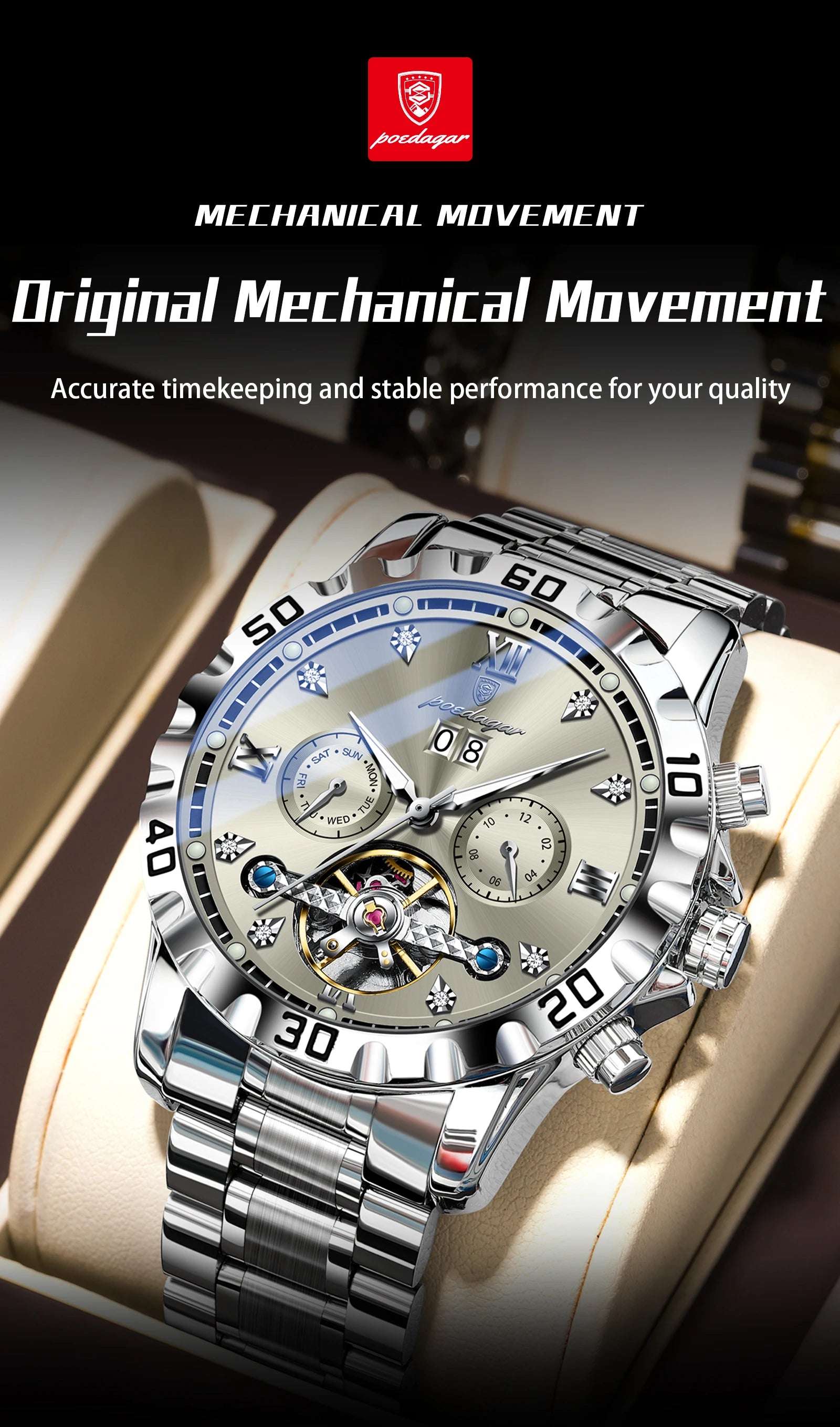POEDAGAR Luxury Men Wristwatch Hollow Tourbillon Luminous Date Week Man Clock Automatic Mechanical Stainless Steel Men's Watches