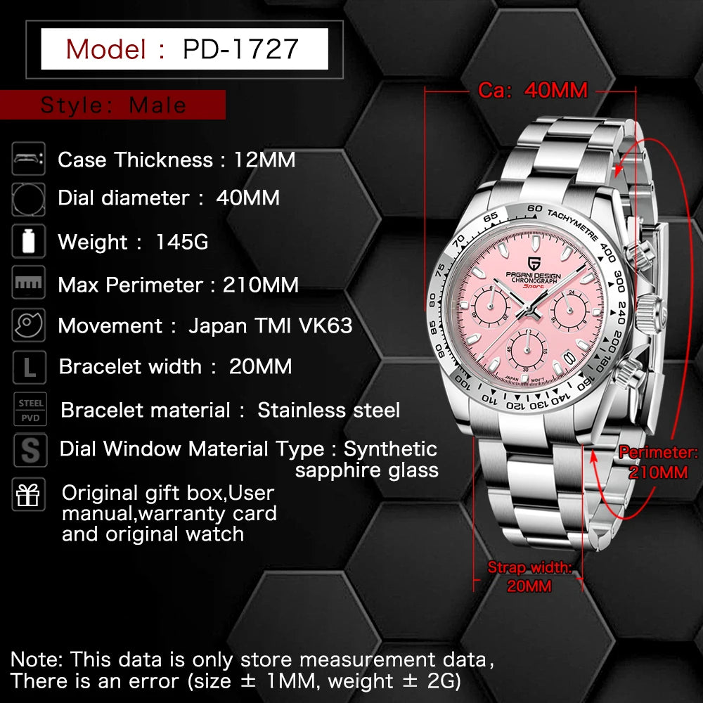 2026 Pagani Design PD1727 Night Light Men's Watch Sapphire Glass Stainless Steel Waterproof Relief  relogio masculino watches