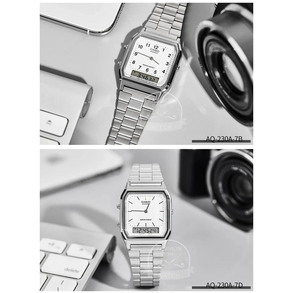 Casio Men's Watch Dual Display Screen Retro Style Personalized Dial Design Quartz Movement Water Resistant AQ-230A-