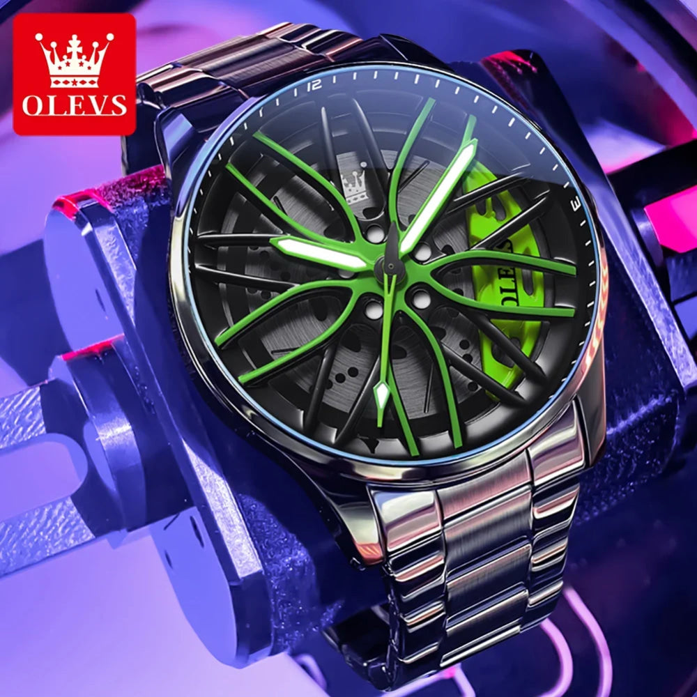 OLEVS Mens Watch Quartz Watch Original Rotatable Wheel Hub Dial Fashion Trend Waterproof Luminous Stainless Steel Reloj 9937