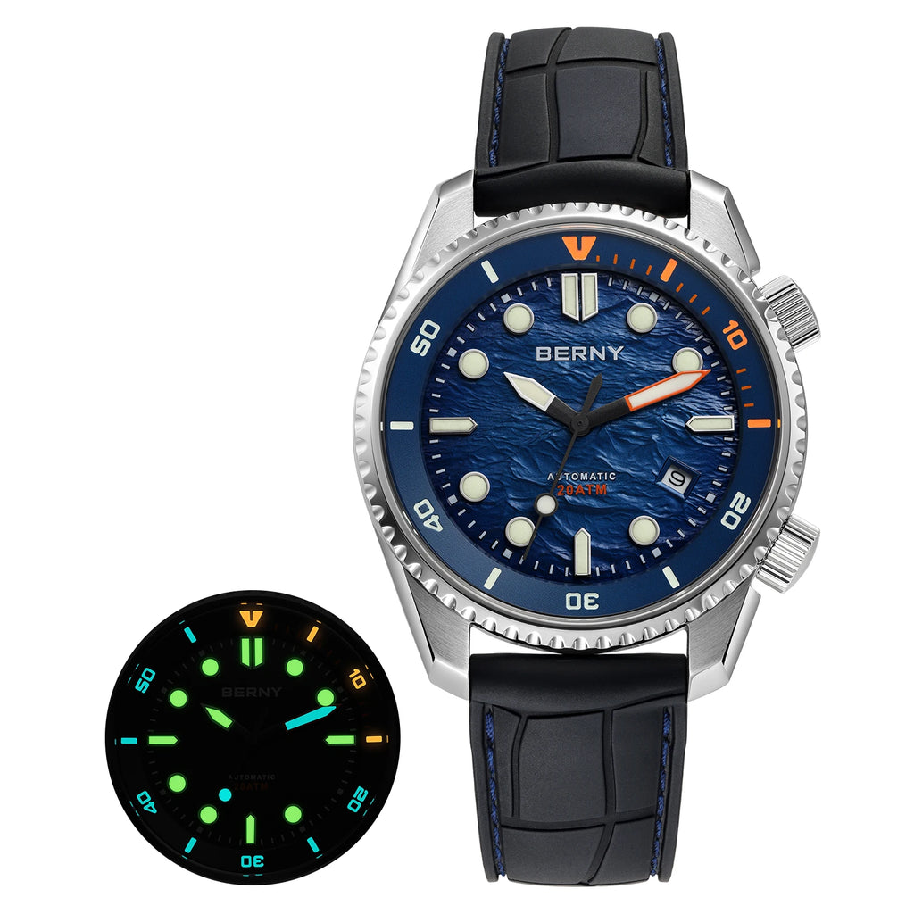 BERNY Automatic Diver Watch for Men Top Luxury Sapphire 316L Steel Blue Dial 200M Waterproof Mechanical Diving Men's Watches