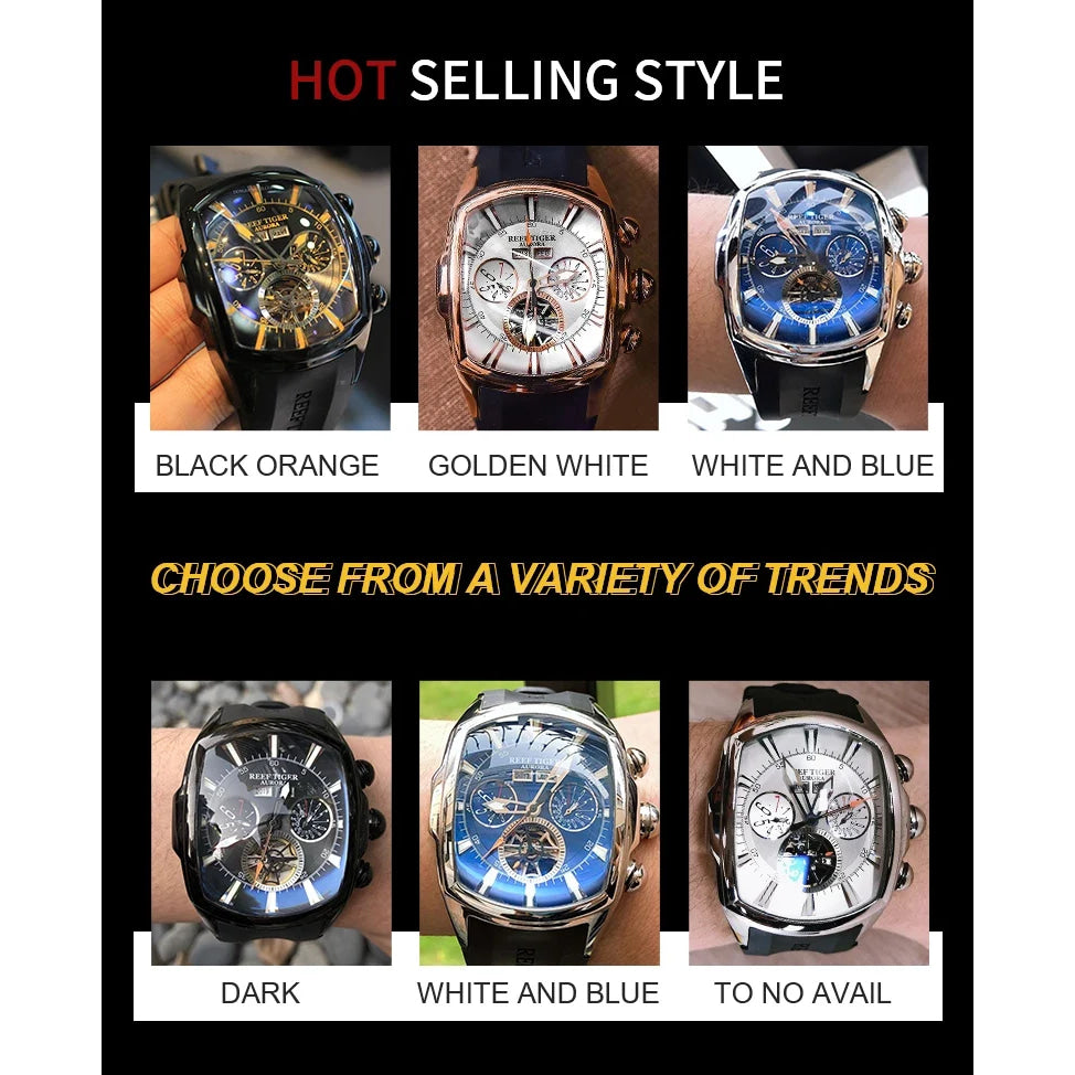 Reef Tiger 316L Stainless Steel Wine Barrel Automatic Watch Fashion Mulitfunction Tourbillon Mechanical Watches for Men RGA3069