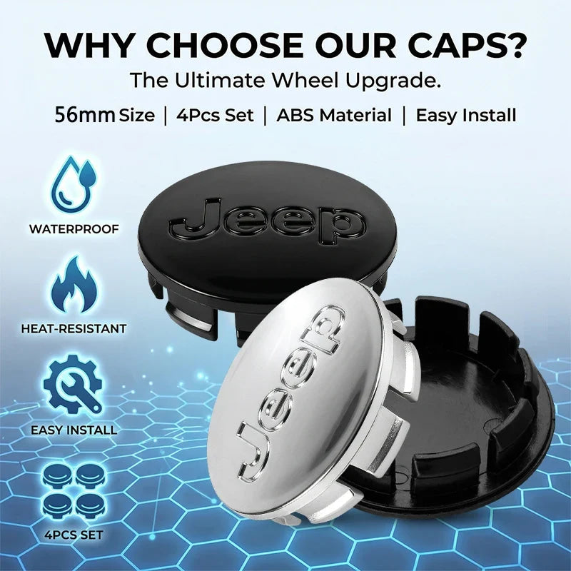 4Pcs/set 56mm Anti-Rust Snap-On Wheel Center Hub Caps Center Covers for Jeep Renegade Compass Wrangler JK Patriot Grand Cherokee