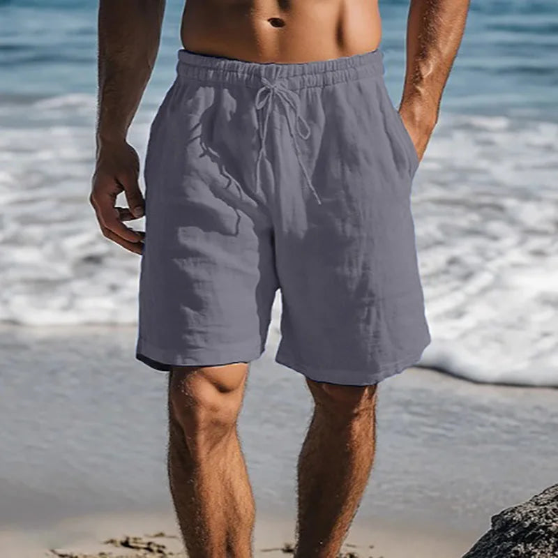 Men Cotton Linen Shorts Summer Lightweight Breathable Casual Beach Style Shorts Basic Solid Color Sweatpants Elastic Waist