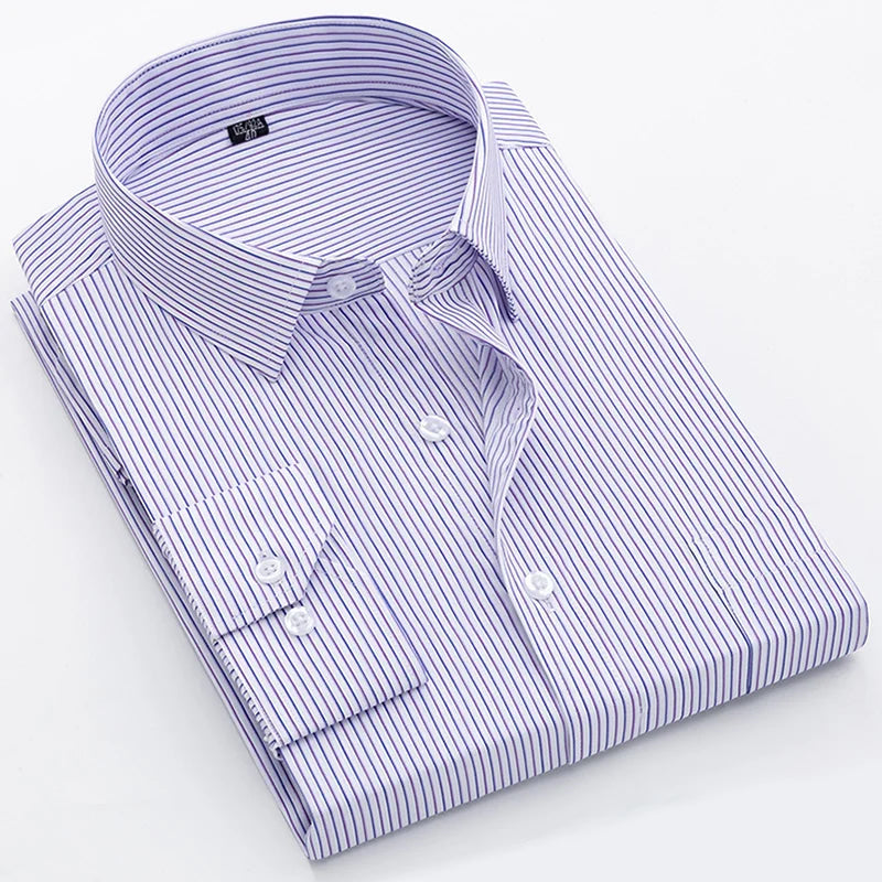 Men's long-sleeved shirt loose version flat hem striped business formal middle-aged and elderly straight shirt