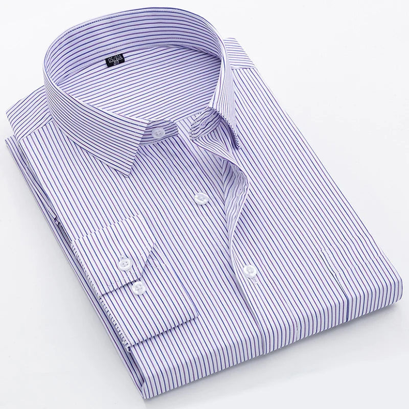 Men's long-sleeved shirt loose version flat hem striped business formal middle-aged and elderly straight shirt