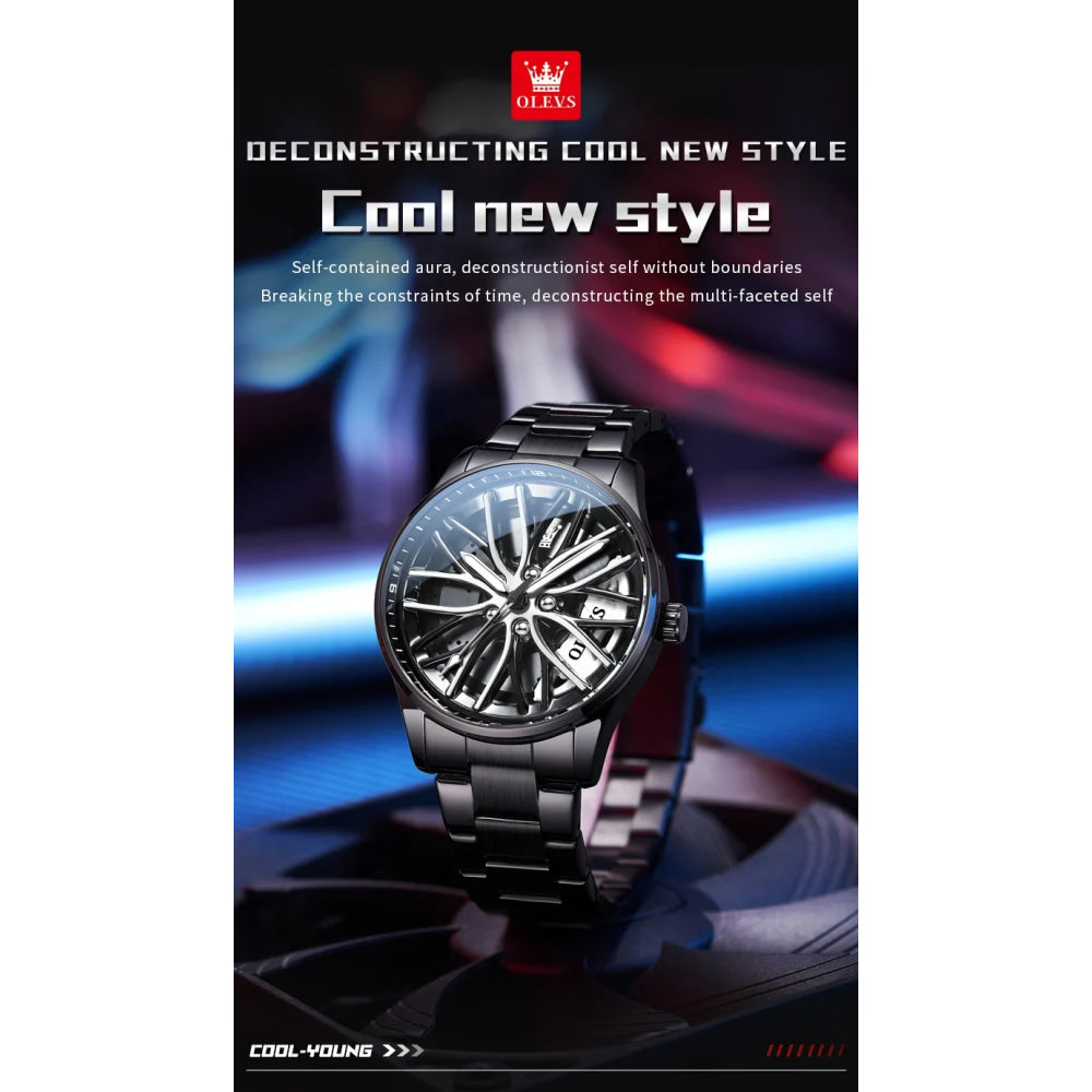 OLEVS Mens Watch Quartz Watch Original Rotatable Wheel Hub Dial Fashion Trend Waterproof Luminous Stainless Steel Reloj 9937