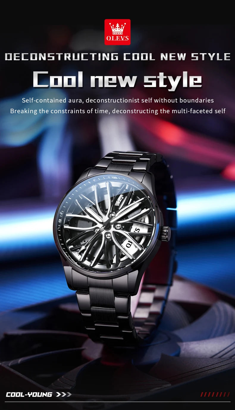 OLEVS Mens Watch Quartz Watch Original Rotatable Wheel Hub Dial Fashion Trend Waterproof Luminous Stainless Steel Reloj 9937