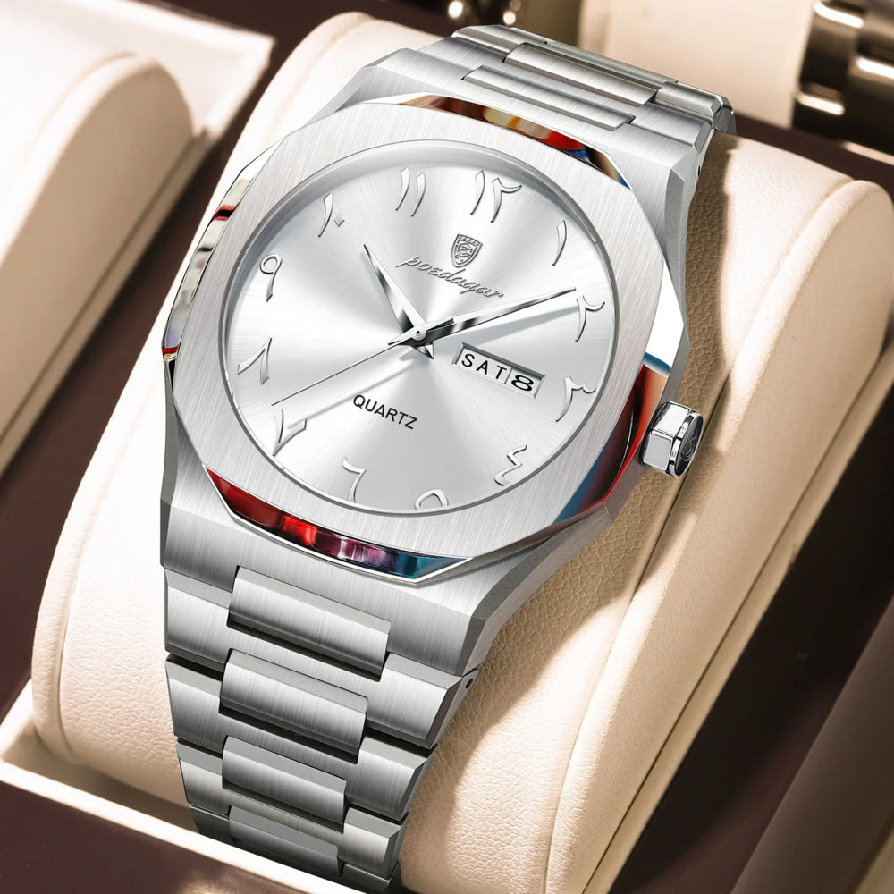 POEDAGAR Military Watch For Men Waterproof Luxury Week Calendar Man Wristwatch Quartz Stainless Steel Fashion Men's Watches Male