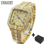 UNIGUET Fashion Diamond Watch for Men Luxury Waterproof Square Quartz Clocks Hip Hop Ice Out Jewelry Wristwatch Male Hot Sell