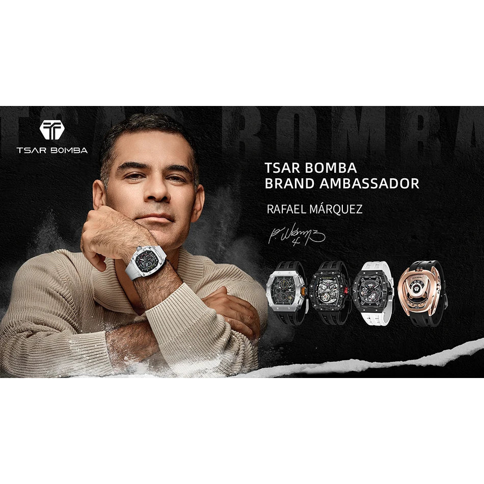 TSAR BOMBA Watch for Men Luxury Brand Tonneau Design Waterproof Clock Stainless Steel Wristwatch Fashion Rectangle Mens Watch