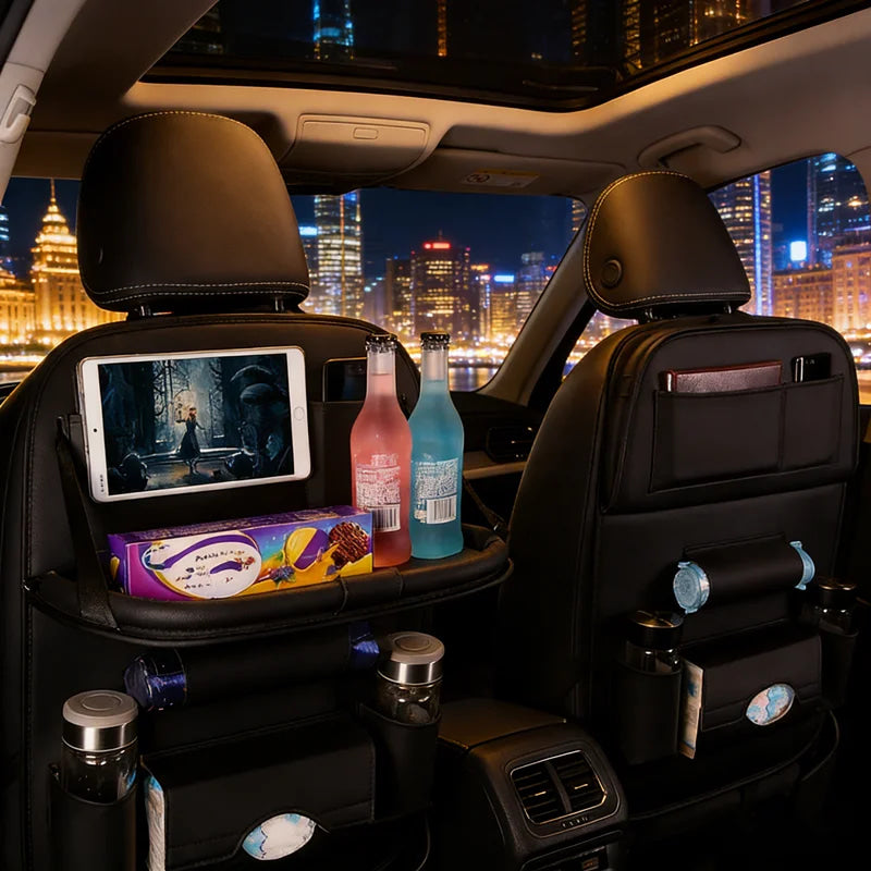 Organizador de Asiento Trasero de Coche, Bandeja Plegable de Cuero PU con Bolsillos de Almacenamiento y Protectores de Patadas - Accesorios Interiores para Vehículos