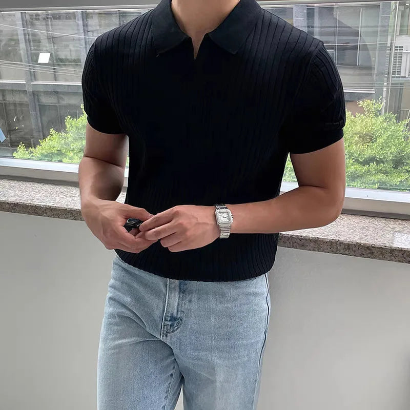 New Men's Short sleeved Classic T-shirt Summer Men Retro Striped Polo Shirt   Solid Color Short Sleeve Fashion Casual T-shirt