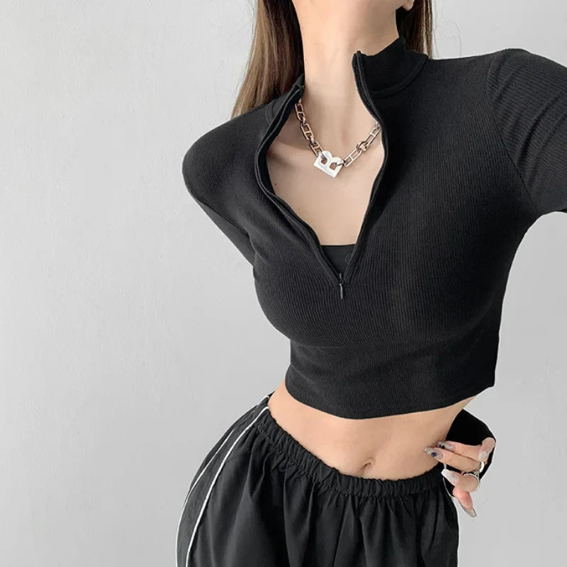Solid Color Casual T-shirt Women Long Sleeve Turtleneck Crop Tops Sexy Simple Style Party Club 2023 Spring Summer New T-shirts