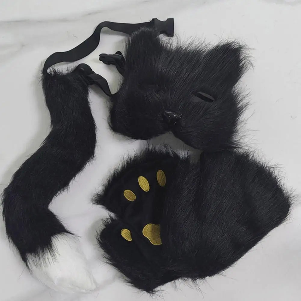 Guantes de garra de lobo 3D con máscara de media cara realista, conjunto de guantes con patas de gato y cola de piel esponjosa, accesorios para disfraz de Halloween