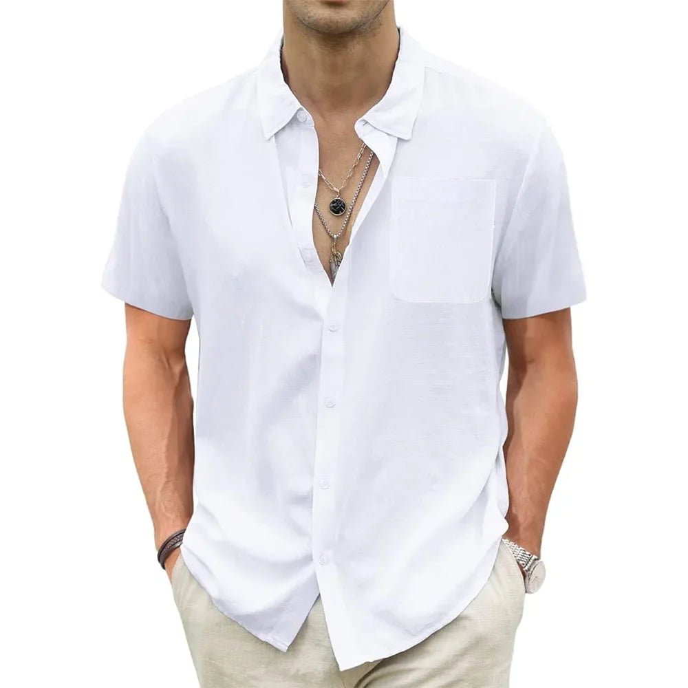 Men's Lightweight Hawaiian Shirts Cotton Linen Breathable Short Sleeve Shirts Vacation Beach Casual Summer Men Tops with Pocket