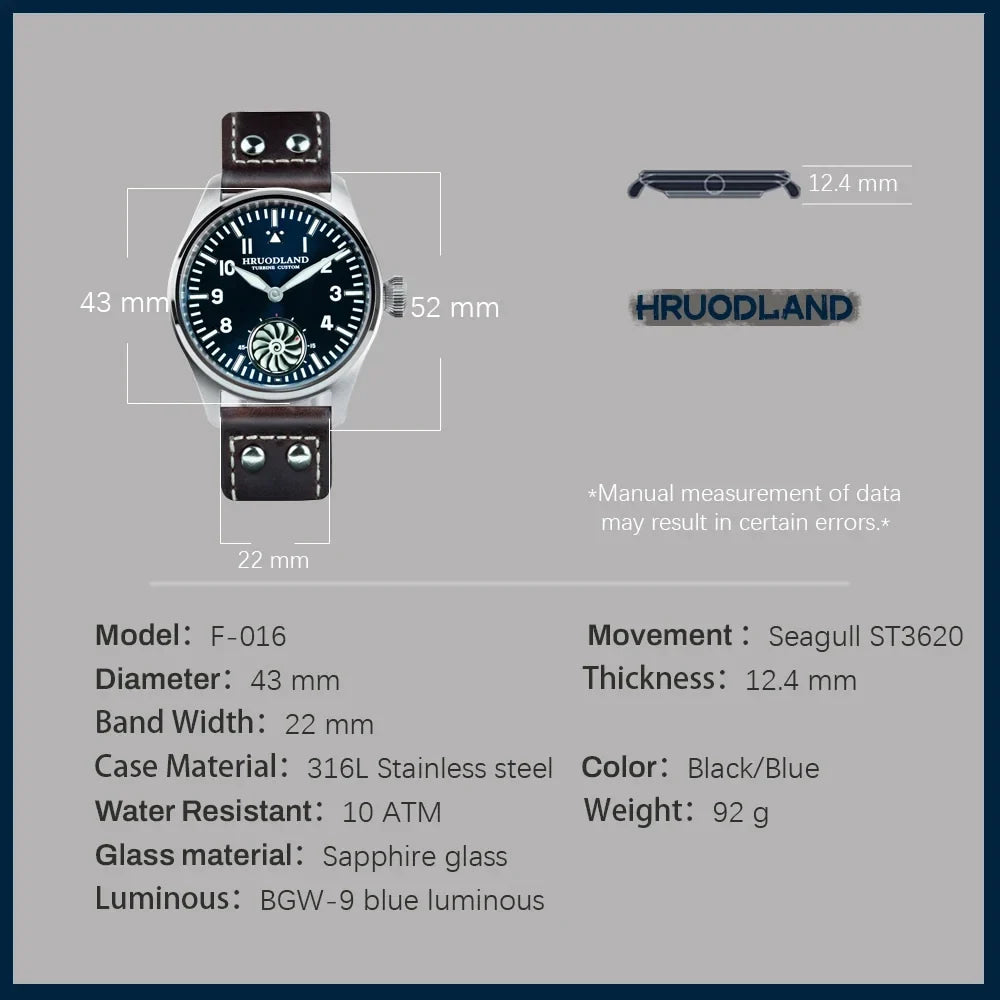 HRUODLAND Pilot Watch for Men BGW-9 Luminous Mechanical Wristwatch 316L Stainless Steel Sapphire Glass 10ATM Waterproof F016