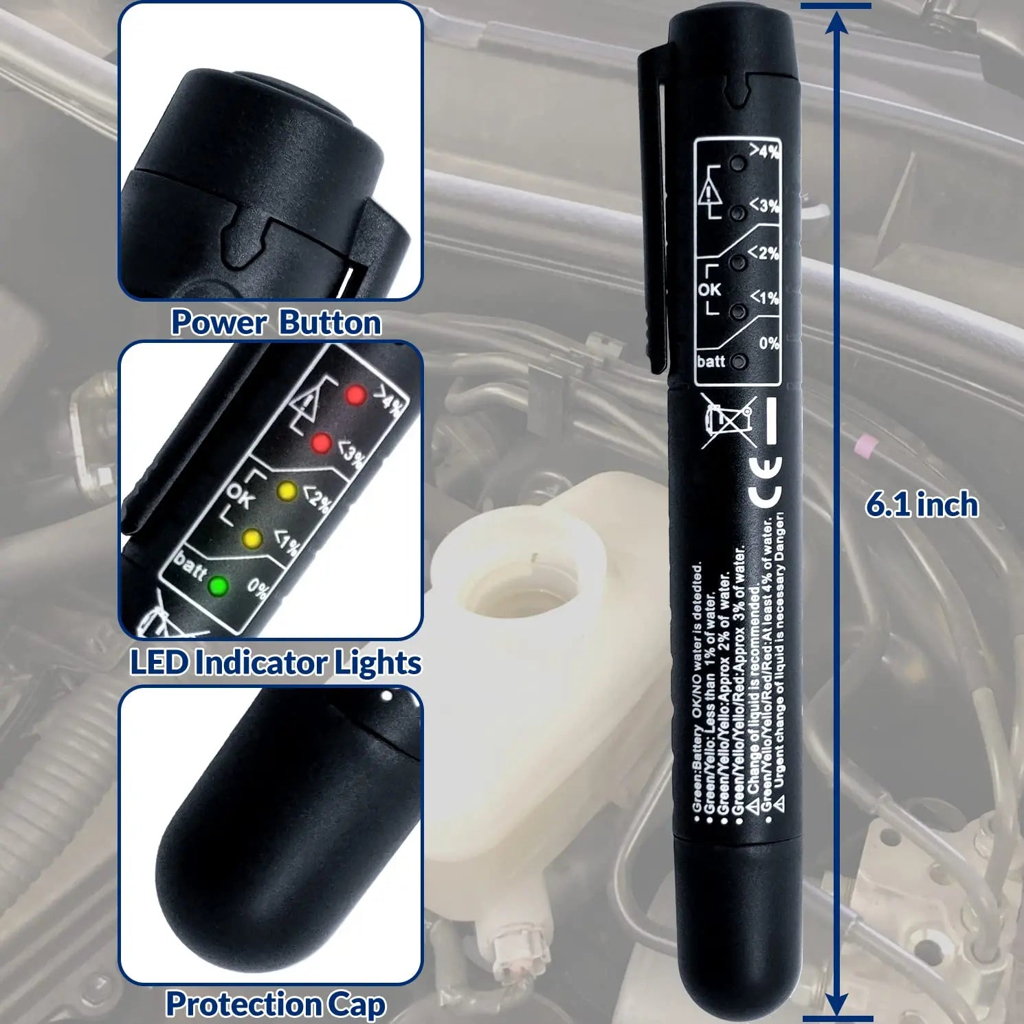 Pluma de prueba de líquido de frenos, herramienta de prueba de diagnóstico de frenos automático, analizador de humedad de aceite de fluido hidráulico con 5 luces indicadoras