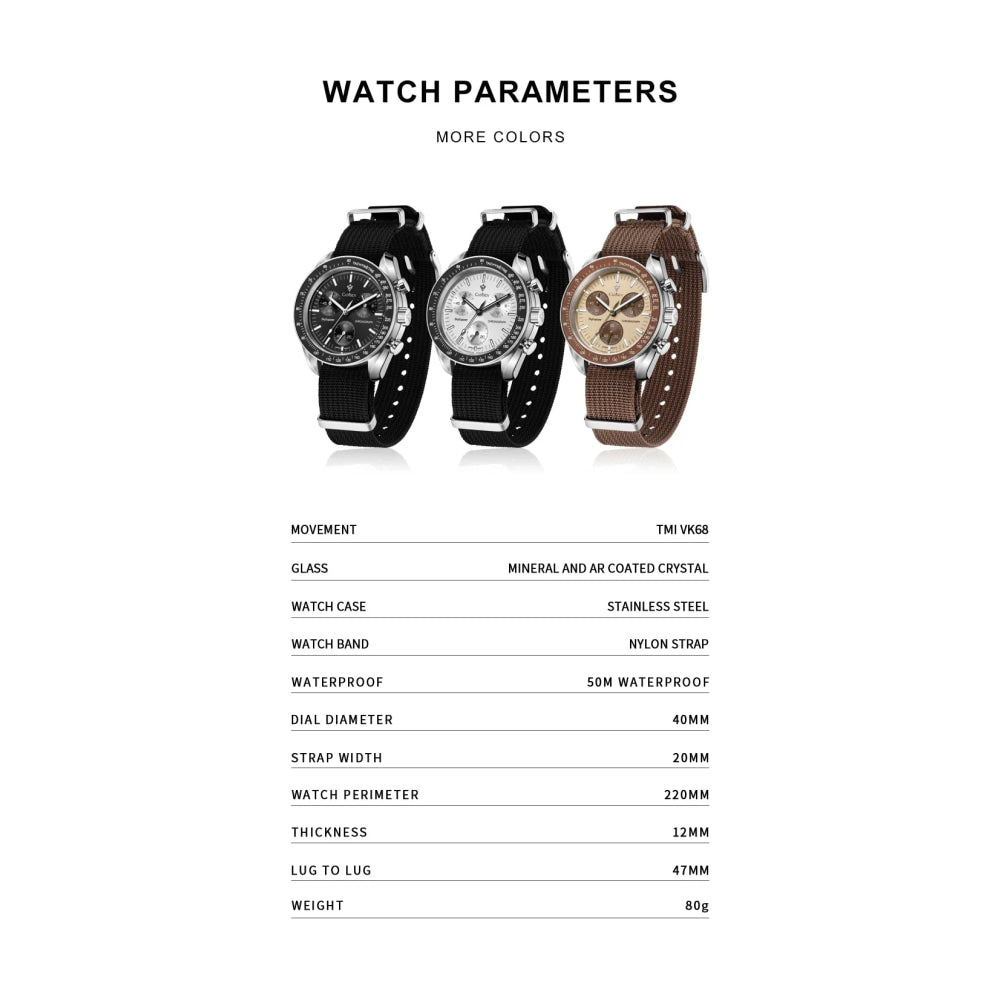 CADISEN New Men's Watches Luxury Quartz Wrist Watch For Men Sapphire AR Coated Crystal Canvas VK68 Speed Chronograph Automatic