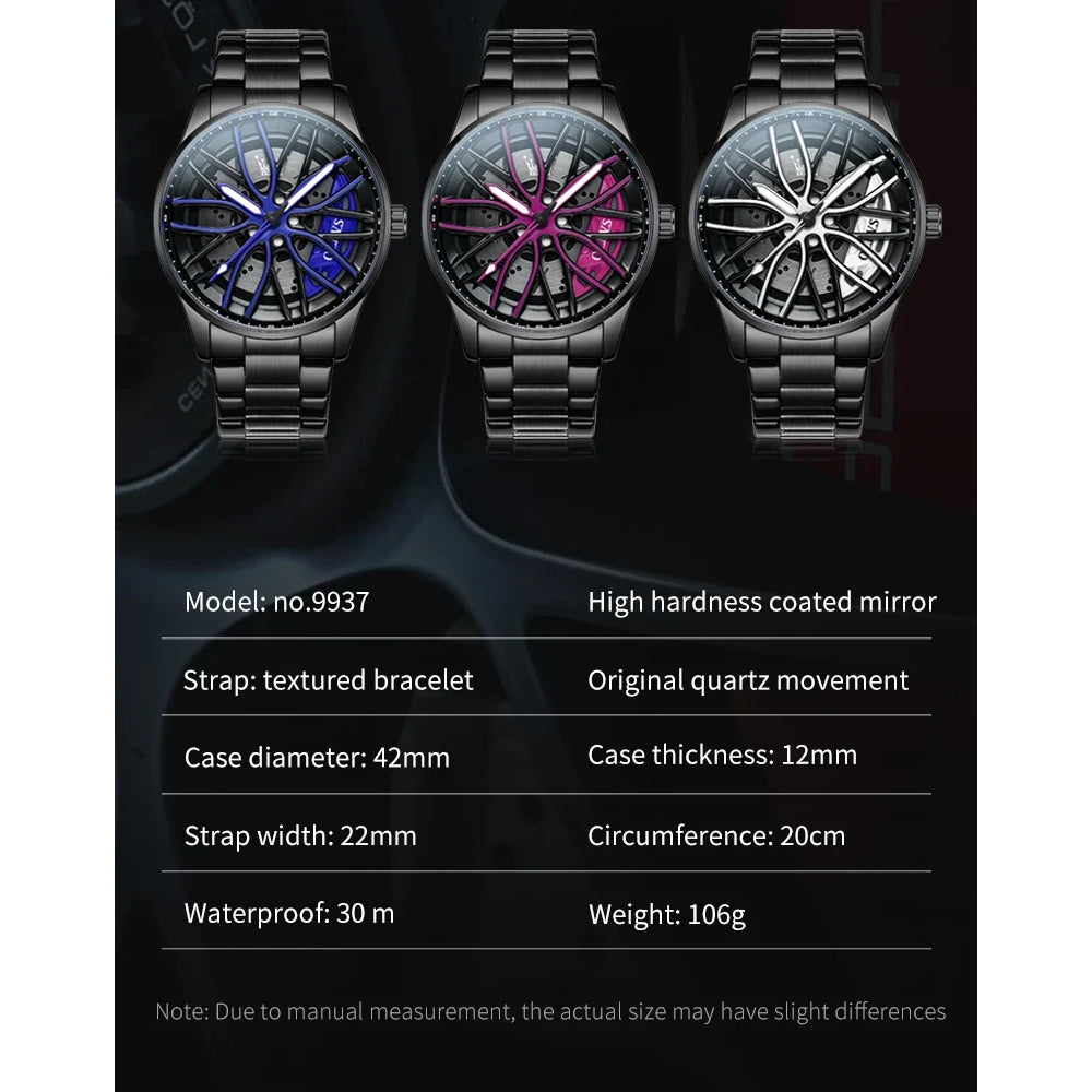 OLEVS Mens Watch Quartz Watch Original Rotatable Wheel Hub Dial Fashion Trend Waterproof Luminous Stainless Steel Reloj 9937