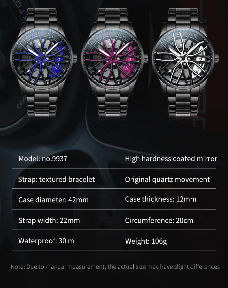 OLEVS Mens Watch Quartz Watch Original Rotatable Wheel Hub Dial Fashion Trend Waterproof Luminous Stainless Steel Reloj 9937