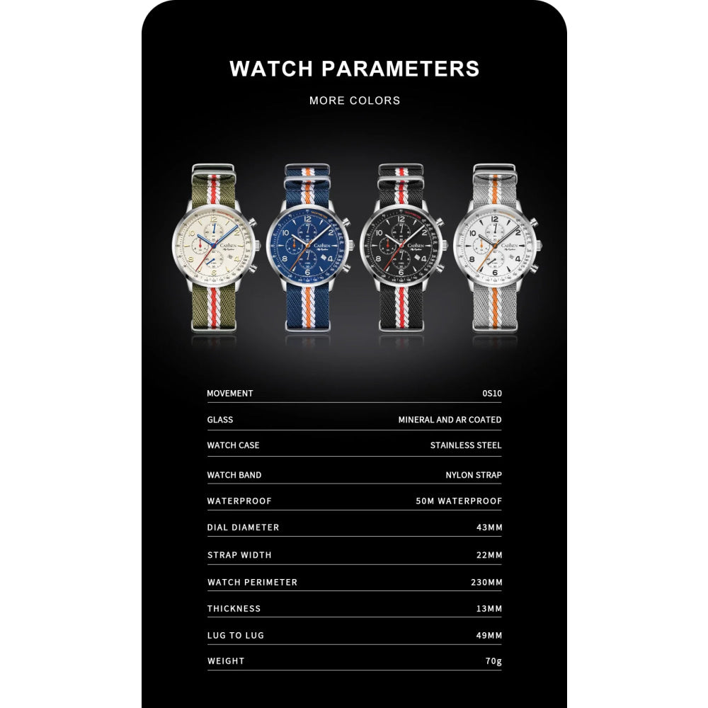 CADISEN New Chronograph Men's Quartz Watch Top Luxury Watches For Men MIYOTA 0S10 AR Mirror Waterproof Canvas Men's Wristwatch