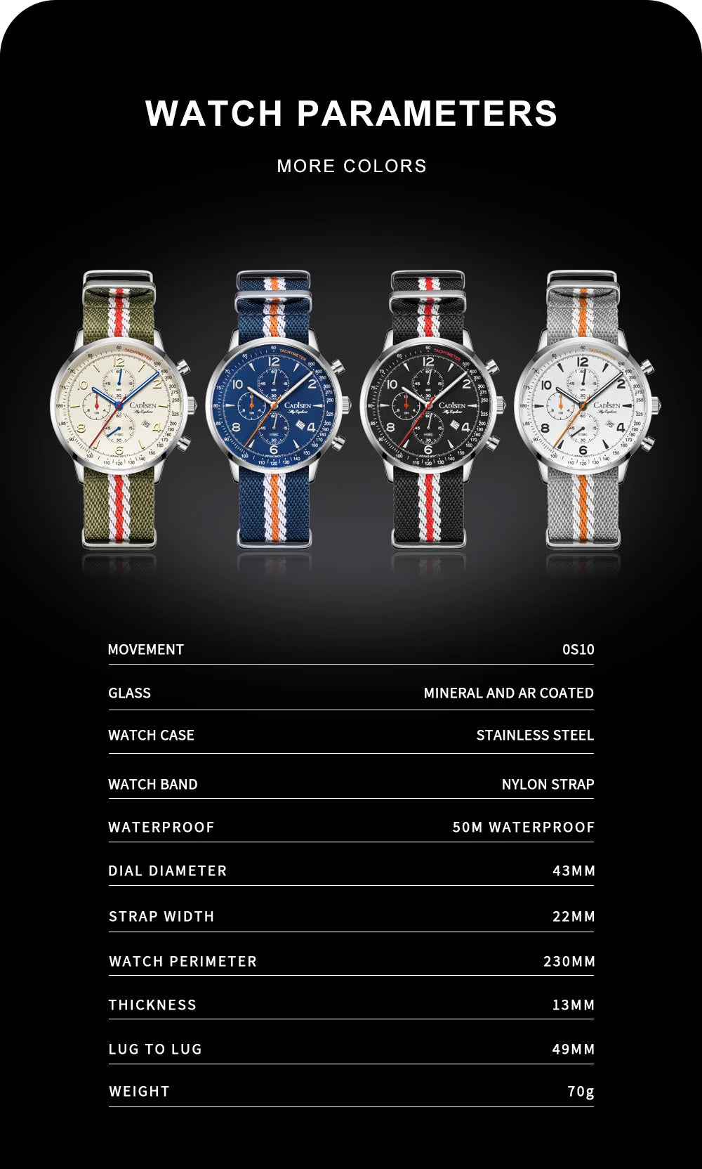 CADISEN New Chronograph Men's Quartz Watch Top Luxury Watches For Men MIYOTA 0S10 AR Mirror Waterproof Canvas Men's Wristwatch