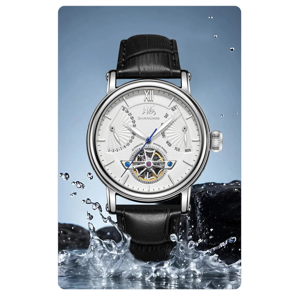 Shanghai Watch Skeletonized Flywheel Men's Mechanical Watch 42mm Automatic Watches Retrograde Calendar Sapphire Wristwatch S8924