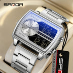 SANDA 6163 Fashion Trend Men's Quartz Watch Fashion Square Watch Countdown Sports Waterproof Dual Display Digital Men's Watches